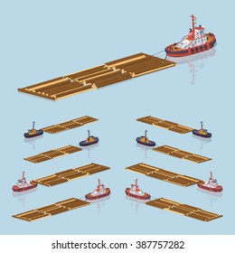 Timber floating on a tow. 3D lowpoly isometric vector illustration. The set of objects isolated against the light-blue background and shown from different sides