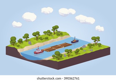 Timber floating on a tow down the river. 3D lowpoly isometric vector concept illustration