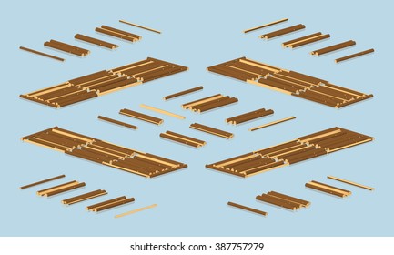 Timber floating on a water. 3D lowpoly isometric vector illustration. The set of objects isolated against the light-blue background and shown from different sides