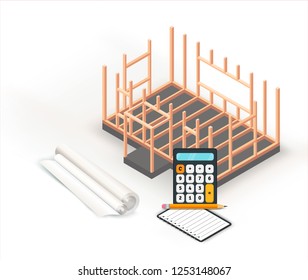 Timber frame house base construction design. Architecture project building, planning and calculations on paper roll. 
Isometric concept. Wood frame under construction. Isolated object. Vector image
