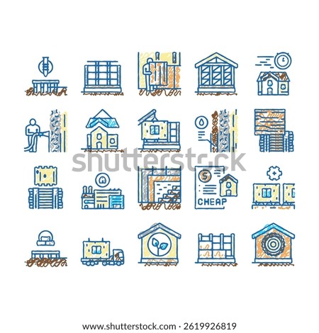 Timber Frame House Collection doodle icons set vector. Pile Screw Foundation Ecowool Insulation, Wooden Steel Building Frame sketch hand drawn