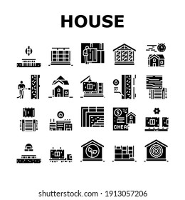 Timber Frame House Collection Icons Set Vector. Pile Screw Foundation And Ecowool Insulation, Wooden And Steel Building Frame Glyph Pictograms Black Illustrations