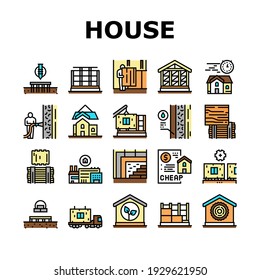 Timber Frame House Collection Icons Set Vector. Pile Screw Foundation And Ecowool Insulation, Wooden And Steel Building Frame Concept Linear Pictograms. Contour Color Illustrations