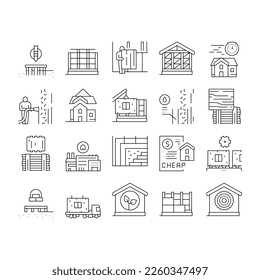 Timber Frame House Collection Icons Set Vector. Pile Screw Foundation And Ecowool Insulation, Wooden And Steel Building Frame Black Contour Illustrations