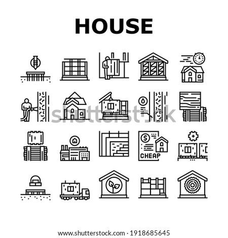 Timber Frame House Collection Icons Set Vector. Pile Screw Foundation And Ecowool Insulation, Wooden And Steel Building Frame Black Contour Illustrations