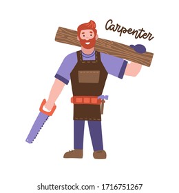 Trabajador de construcción de la Casa de la Madera. Bonito Carpintero Al Enmarcar Un Edificio. Ilustración de caricaturas de vector plano aislado con letras.