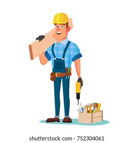 Timber Frame House Construction Worker Vector. Construction Worker On Framing A Building. Isolated Flat Cartoon Character Illustration