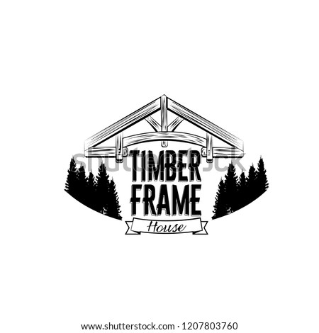 Timber frame house emblem. Vector design for logotype, label, badge, t-shirt or for other type of graphic. Woodwork vector illustration