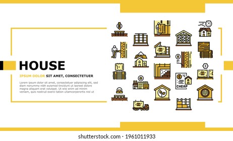 Timber Frame House Landing Web Page Header Banner Template Vector. Pile Screw Foundation And Ecowool Insulation, Wooden And Steel Building Frame Illustration