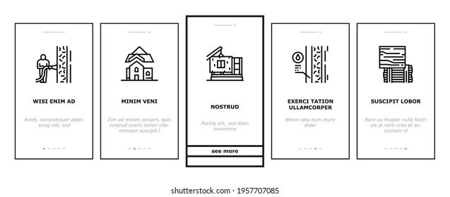 Timber Frame House Onboarding Mobile App Page Screen Vector. Pile Screw Foundation And Ecowool Insulation, Wooden And Steel Building Frame Illustrations