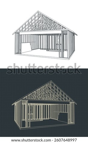 Timber frame house under construction blueprints stylized vector illustrations