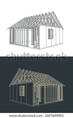 Timber frame house under construction blueprints stylized vector illustrations