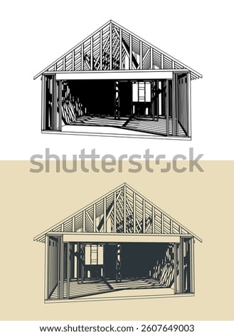 Timber frame house under construction stylized vector illustrations