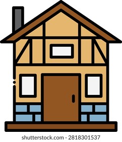 Timber framed house featuring a classic medieval architectural style. This rustic building represents village dwellings and historical European towns. Suitable for fantasy world maps and historical architecture studies.