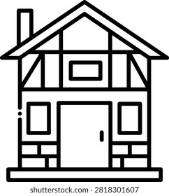 Timber framed house featuring a classic medieval architectural style. This rustic building represents village dwellings and historical European towns. Suitable for fantasy world maps and historical architecture studies.
