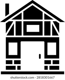 Timber framed house featuring a classic medieval architectural style. This rustic building represents village dwellings and historical European towns. Suitable for fantasy world maps and historical architecture studies.