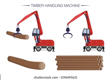 Timber handling machine. Wheel reloader. Logging operations. Pile of logs. Construction equipment. Flat catoon vector illustration. Set of isolated icons on white background.