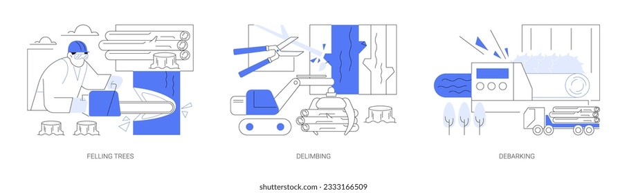 Timber harvesting abstract concept vector illustration set. Felling trees, delimbing and debarking, cutting trees and branches, wood transport, raw materials industry, forestry abstract metaphor.