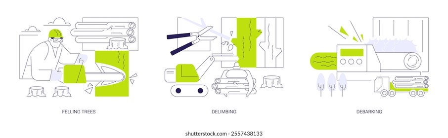 Timber harvesting abstract concept vector illustration set. Felling trees, delimbing and debarking, cutting trees and branches, wood transport, raw materials industry, forestry abstract metaphor.