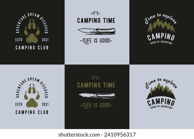 Timber hiking and expedition for traveler and tourist. Forest camping for travel print. Graphic design for outdoor adventure. Sport activity