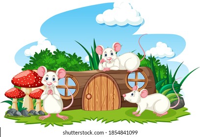 Timber house with three mouses cartoon style on white background illustration