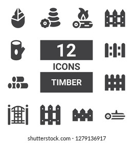 timber icon set. Collection of 12 filled timber icons included Log, Fence, Wood, Stone, Hand axe, Firewood