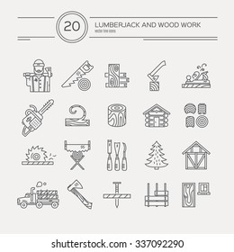 Timber industry icon collection - vector set. Modern line style collection of woodwork tools, carpentry gear. Unique and modern set isolated on background.
