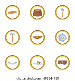 Timber industry icon set. Cartoon style set of 9 timber industry vector icons for web isolated on white background