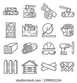 Timber industry icon set. Lline style collection of woodwork tools, carpentry job on white background