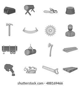 Timber industry icons set in black monochrome style. Lumberjack equipment set collection vector illustration