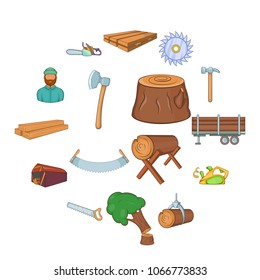 Timber industry icons set in cartoon style. Lumberjack equipment set collection vector illustration