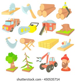 Timber industry icons set in cartoon ctyle. Lumberjack equipment set collection vector illustration