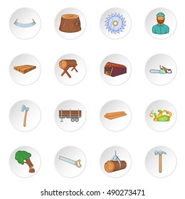 Timber industry icons set in cartoon style. Lumberjack equipment set collection vector illustration