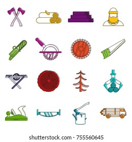 Timber industry icons set. Doodle illustration of vector icons isolated on white background for any web design