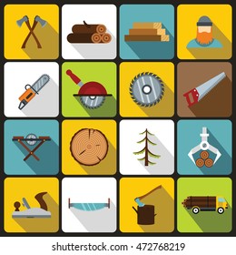 Timber industry icons set in flat style. Lumberjack equipment set collection vector illustration