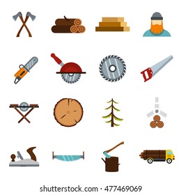 Timber industry icons set in flat style. Lumberjack equipment set vector illustration. Collection of lumberjack tools for web isolated