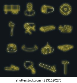 Timber industry icons set in neon style. Lumberjack equipment set collection vector illustration