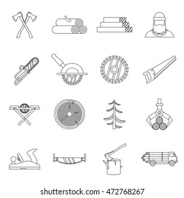 Timber industry icons set in outline style. Lumberjack equipment set collection vector illustration