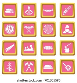 Timber industry icons set in pink color isolated vector illustration for web and any design