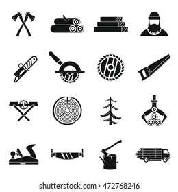 Timber industry icons set in simple style. Lumberjack equipment set collection vector illustration