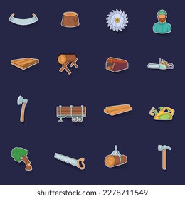 Timber industry icons set stikers collection vector with shadow on purple background