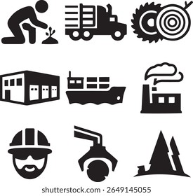 Timber Industry Lifecycle and Operations Icons. Stock Illustration