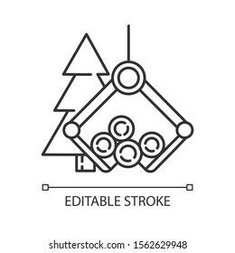 Icono lineal de la industria maderera. Sector de registro. Producción de madera. Pieza de abeto de carga de grúas de elevación pesada. Ilustración de línea delgada. Símbolo de contorno. Dibujo de contorno aislado del vector. Trazo editable