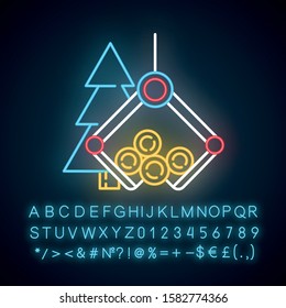 Timber industry neon light icon. Logging. Wood production. Forestry management. Technology for collecting tree trunks. Glowing sign with alphabet, numbers and symbols. Vector isolated illustration
