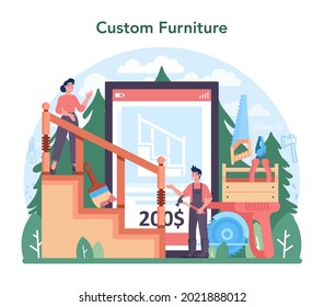Timber industry online service or platform. Logging and woodworking process. Global industry classification standard. Custom furniture. Vector illustration