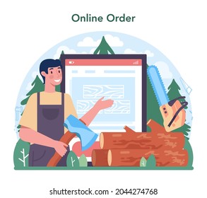 Timber Industry Online Service Or Platform. Logging And Woodworking Process. Global Industry Classification Standard. Online Order. Vector Illustration