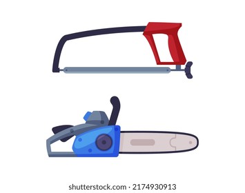 Timber industry tools set. Handsaw and chainsaw, woodworker and lumberjack equipment vector illustration