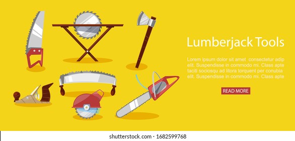 Ilustración vectorial de la industria maderera de herramientas de leñador, motosierra y hacha, cadena de gasolina sierra banner web. Instrumento de leñador profesional, herramienta de trabajo.