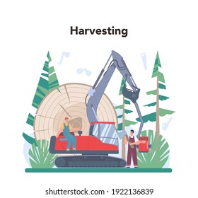 Timber industry and wood production concept. Logging and woodworking process. Forestry production. Isolated flat vector illustration