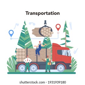 Timber industry and wood production concept. Logging and woodworking process. Forestry production. Isolated flat vector illustration